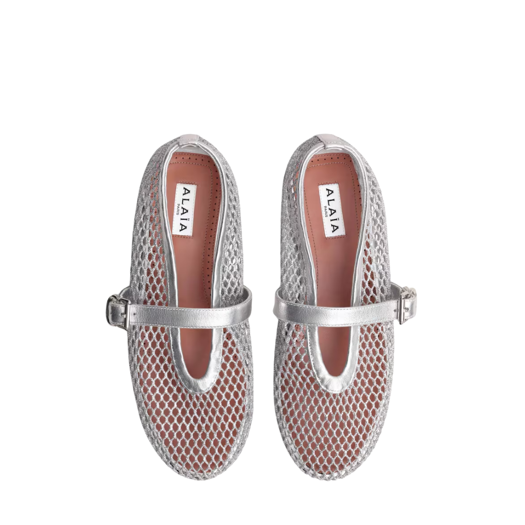 ALAIA BALLET FLATS IN LAMINATED FISHNET silver