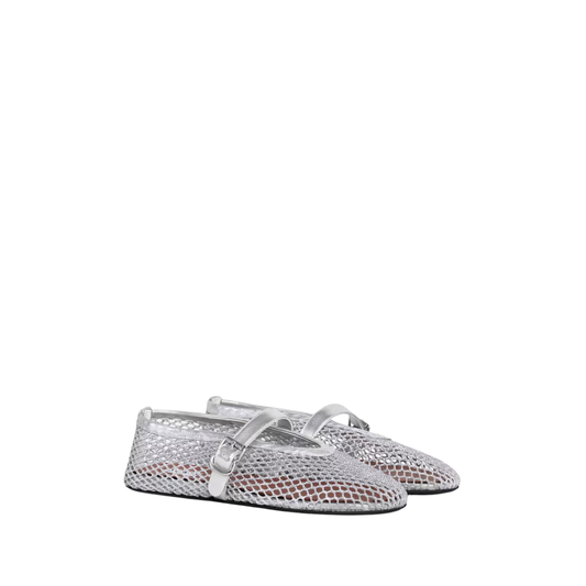 ALAIA BALLET FLATS IN LAMINATED FISHNET silver